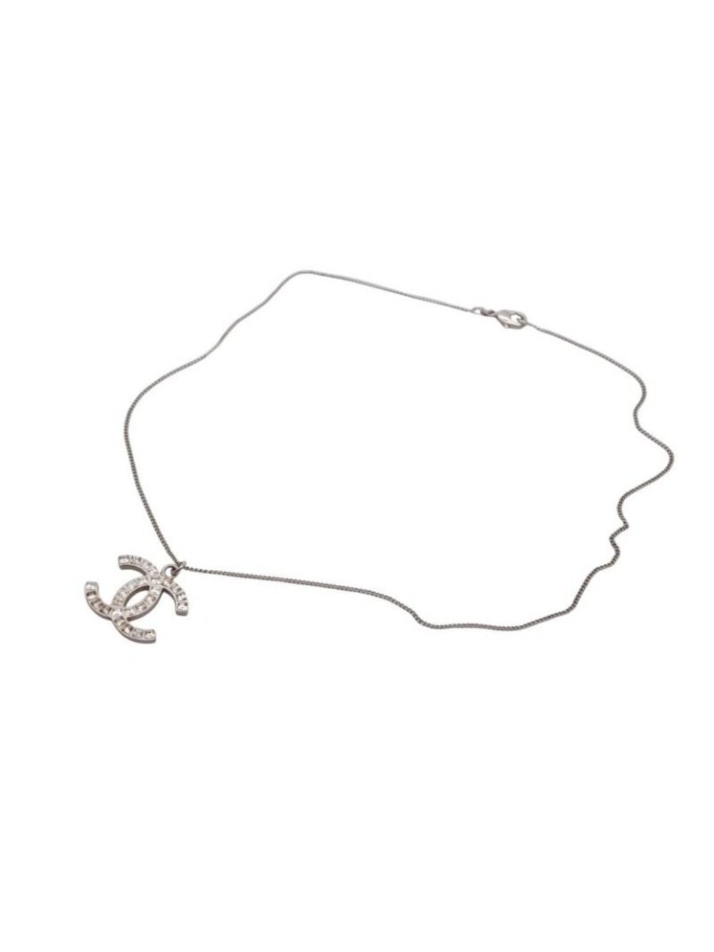 Chanel CC Logo Square Rhinestone Necklace 48 Silver Metal